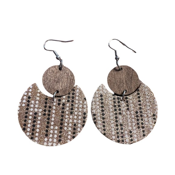 Wooden and Leather Geometric Drop Style Earrings - Picture 2 of 6